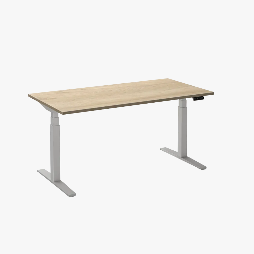 Elektrisch zit-sta bureau met wit frame en licht eiken blad